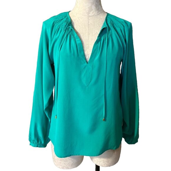 Yumi Kim Top XS Extra Small Silk Green Smocked 3/4 Long Sleeve - Picture 2 of 9